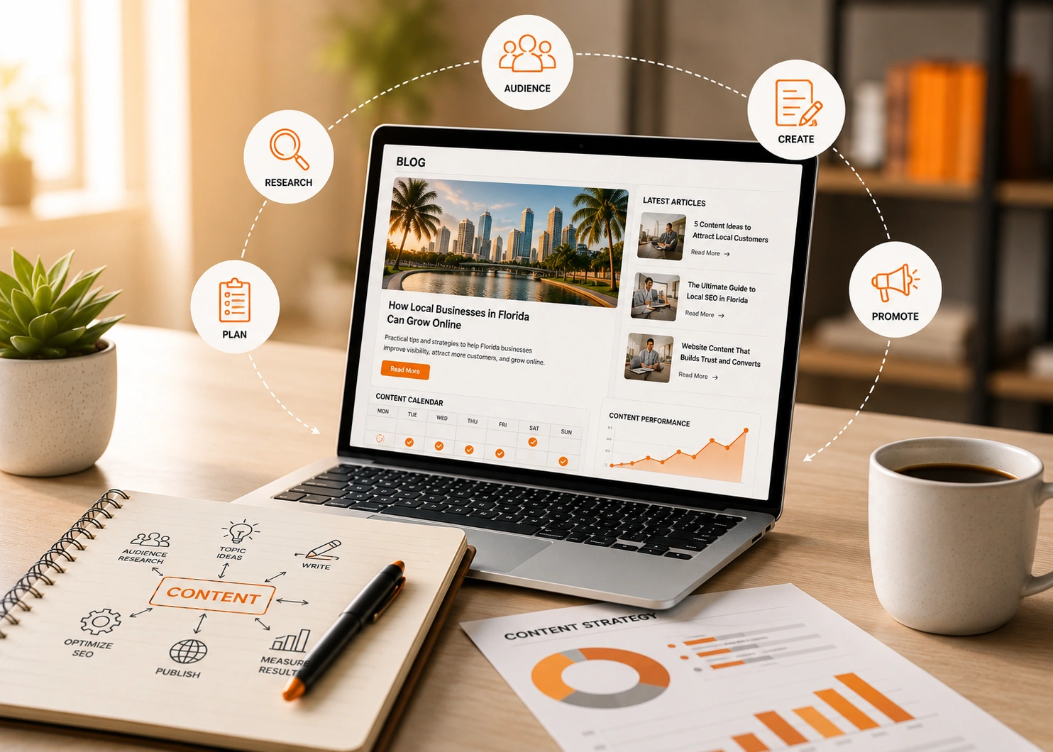 Content marketing workflow showing keyword-focused blog posts, service landing pages, and topical authority clusters for Florida businesses.