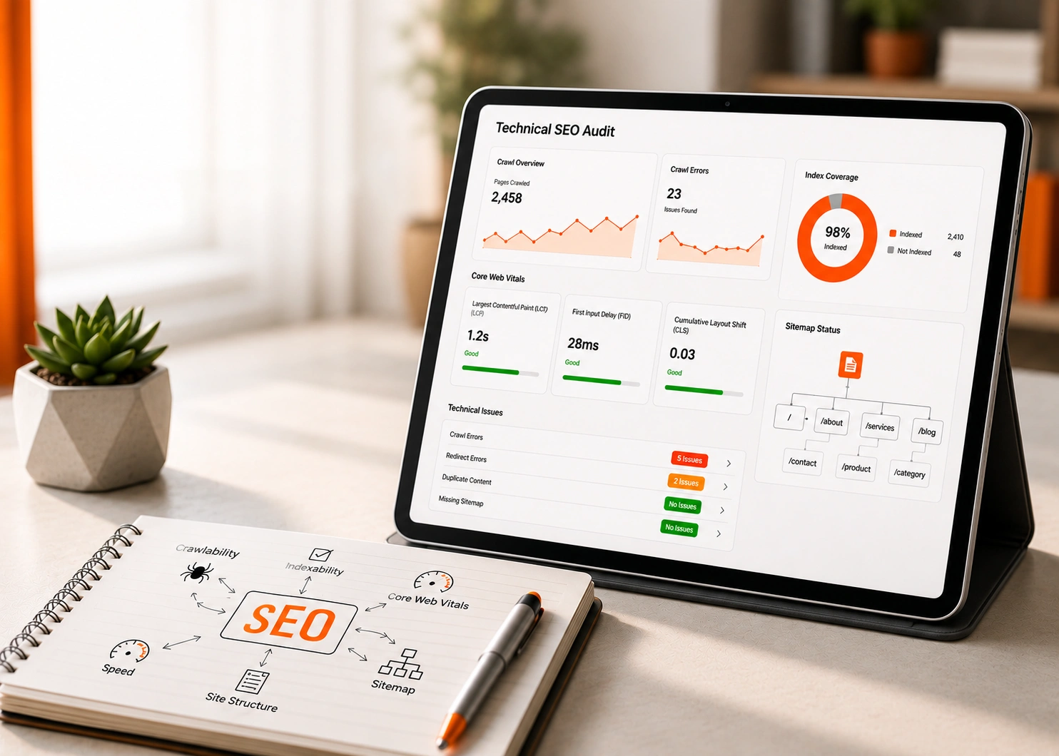 Technical SEO audit dashboard analyzing Core Web Vitals, XML sitemaps, site crawlability, page speed, and indexing health.